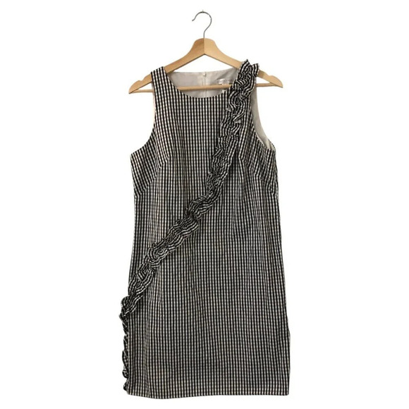 London Times Gingham Shift Sleeveless Black and White with Ruffles Dress Size 8 - Picture 1 of 8